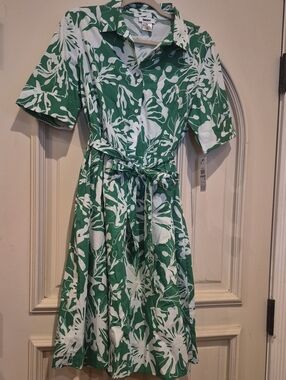 DKNY Green and White Floral Tie-Waist Midi Shirt Dress